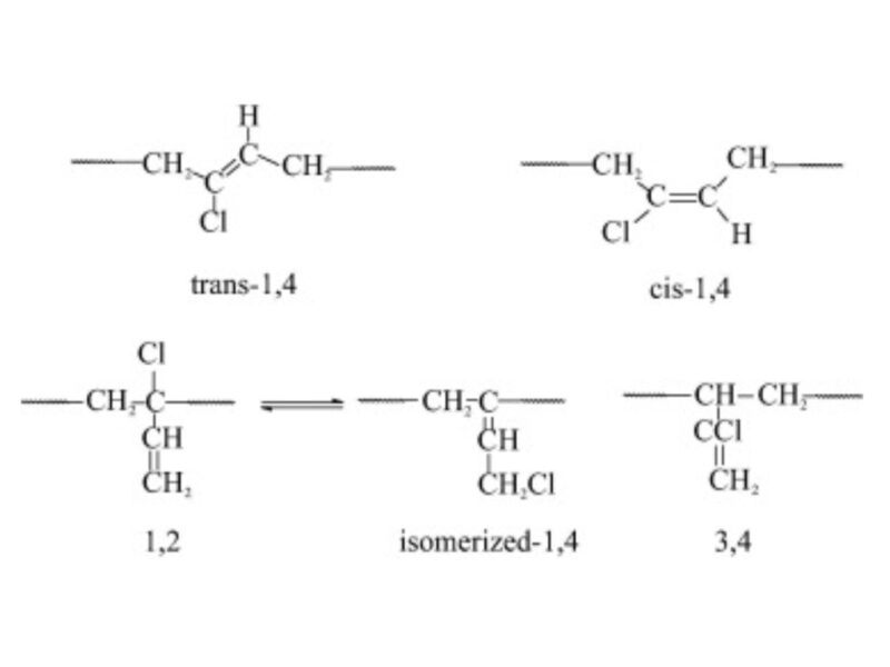 Các cấu trúc vi mô của cao su Chloroprene được hình thành từ các kiểu liên kết polymer khác nhau