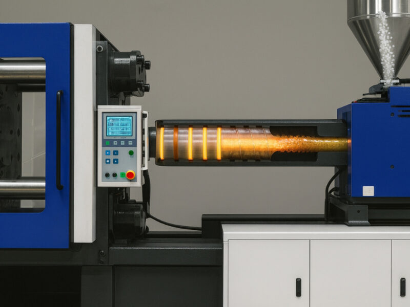 Hạt nhựa được nung chảy và trộn đều trong xi lanh trục ví