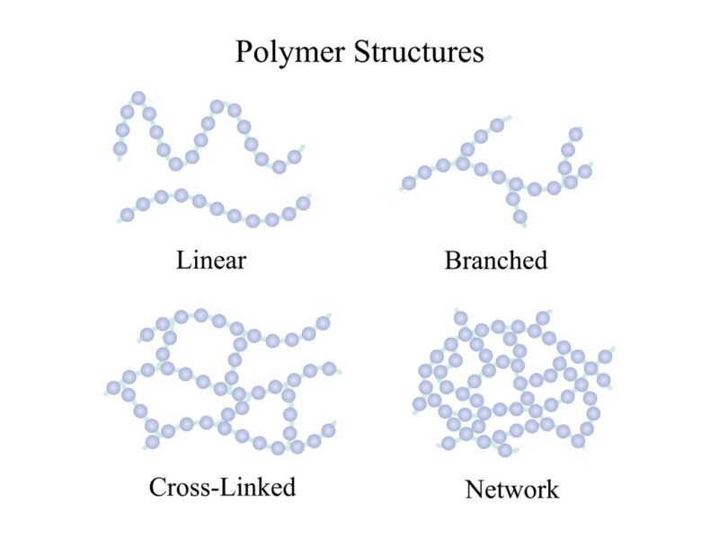 Bốn dạng cấu trúc polymer cơ bản gồm tuyến tính, phân nhánh, liên kết chéo và mạng lưới